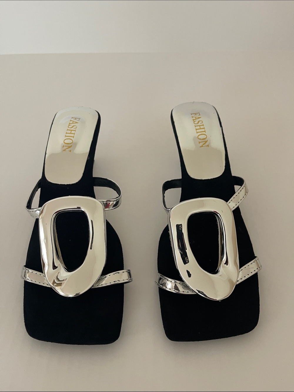 Metallic Geometric Square Toe Sandals with Silver Accent